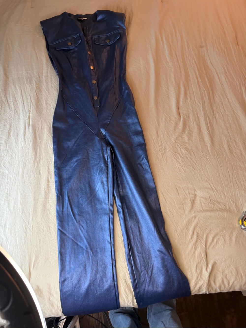 Fashion Nova Metallic Navy Blue Sleeveless Jumpsuit - Picture 3 of 8